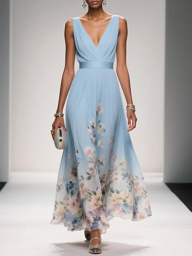 Full shot of elegant women's floral V-neck A-line midi dress, a sophisticated choice for events.