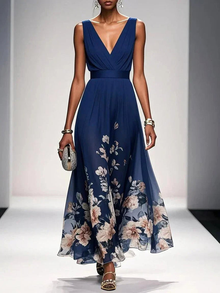 Chic women's floral V-neck midi dress. Flowy A-line silhouette, ideal for elegant spring/summer events.