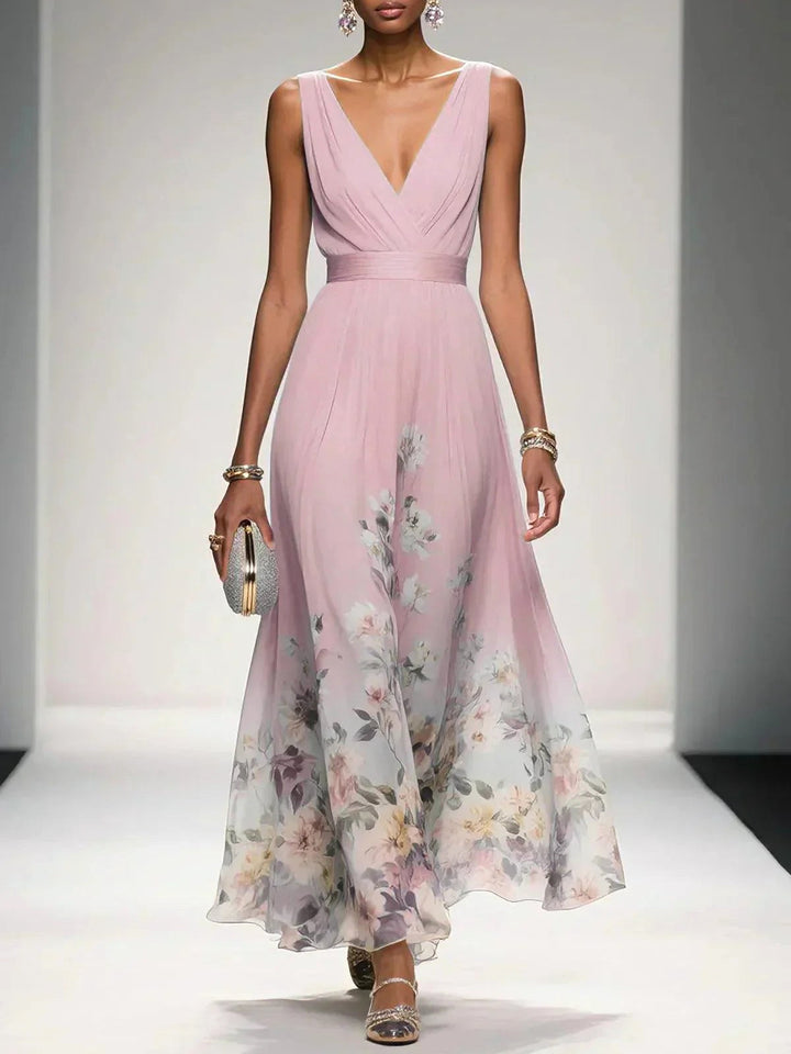 Spring fashion: Women's floral V-neck midi dress with an elegant A-line silhouette. Summer party ready.