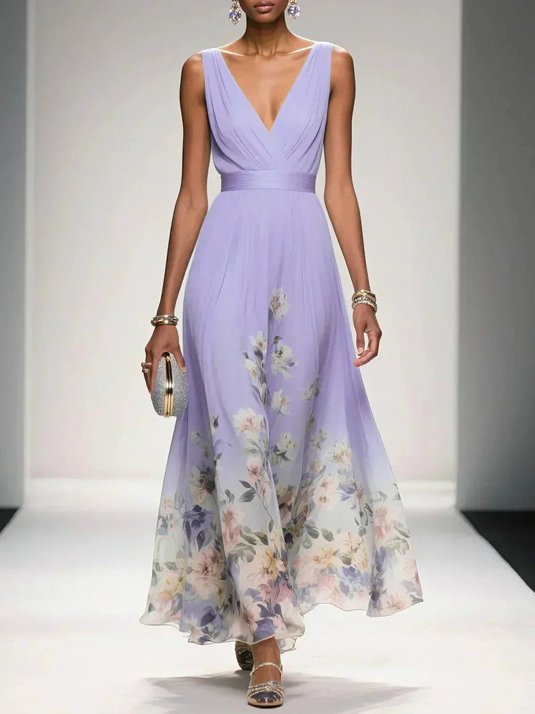 Close-up of the vibrant floral pattern on an elegant women's V-neck A-line midi dress. High quality.