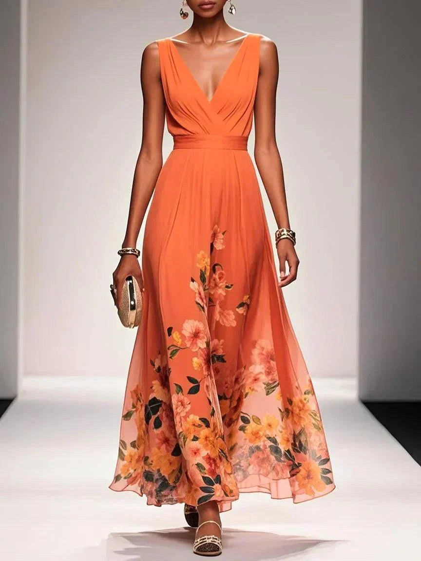 Woman models the elegant floral V-neck A-line midi dress, suitable for wedding guest attire.