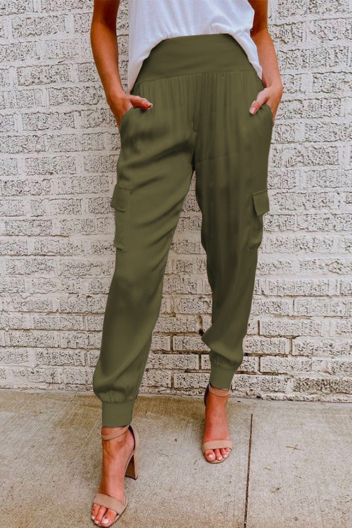 Champagne women's high waist cargo joggers. Relaxed fit pants with utility pockets and tapered leg for casual comfort.