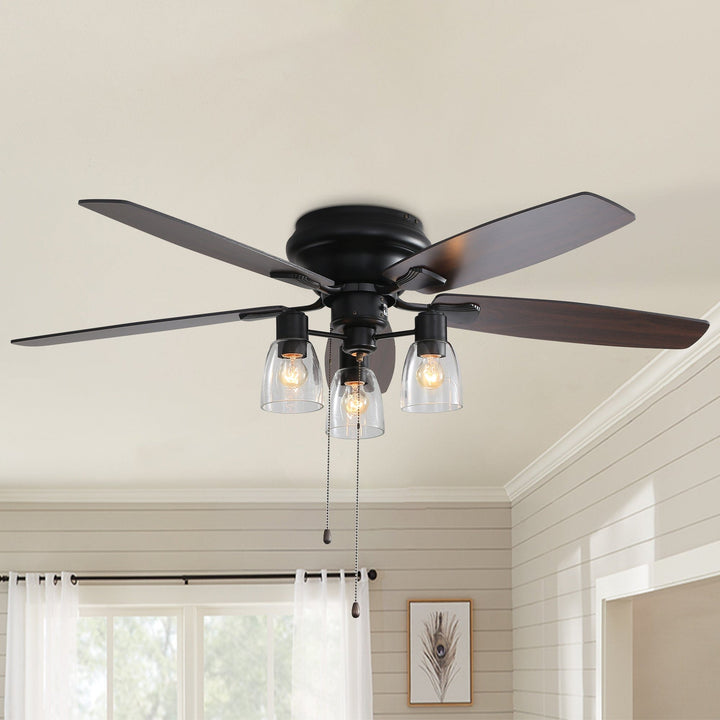 52" Space-Saving Low Profile Ceiling Fan with LED light, modern design & remote control for quiet home cooling.