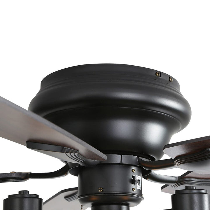 Contemporary 52" ceiling fan. Flush mount design, energy-efficient LED, remote control, and powerful air flow.