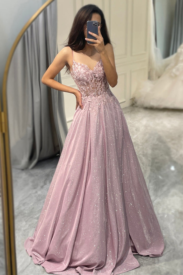 Shimmering blush A-line evening gown with spaghetti straps, ideal for weddings, formals, and special occasions.