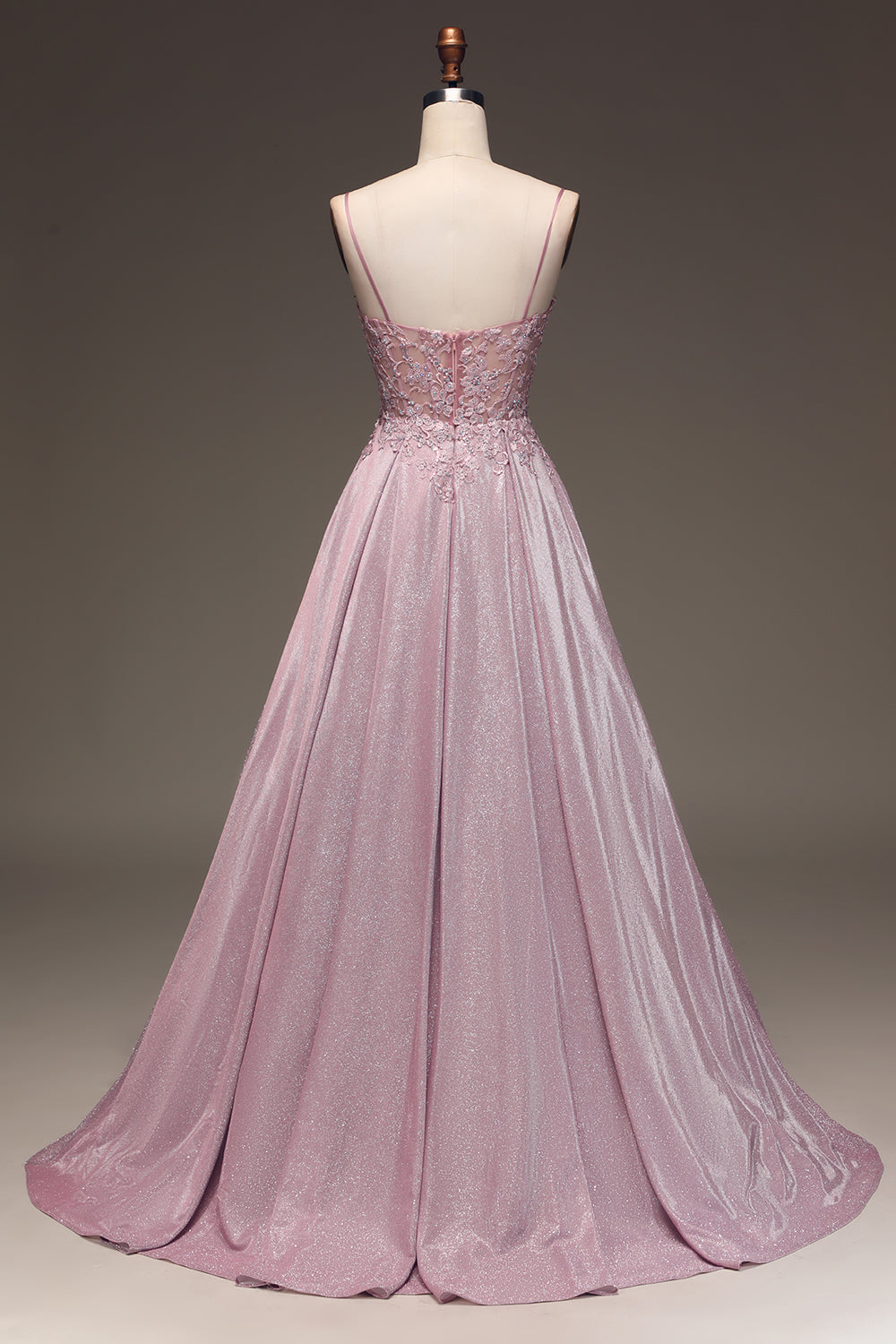 Women's glamorous A-line ball gown in sparkling blush, a stunning formal dress with V-neck and spaghetti straps.