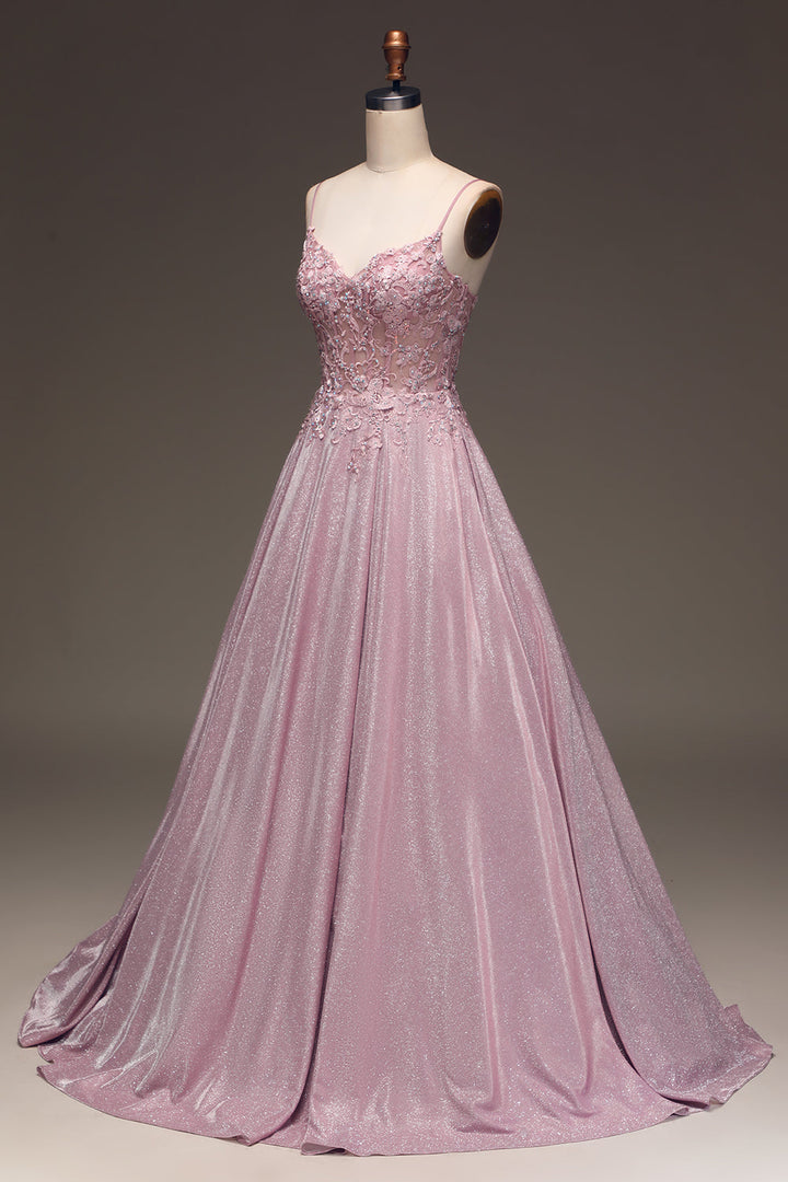 Beautiful blush pink sparkling A-line gown, perfect as a formal evening dress, prom dress or wedding guest attire.