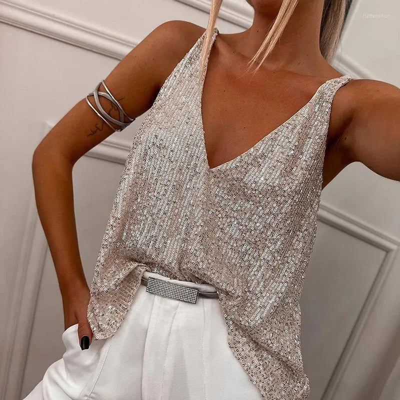 Loose fit women's sequin spaghetti strap top with glittering sequins, ideal for glamorous evening wear.