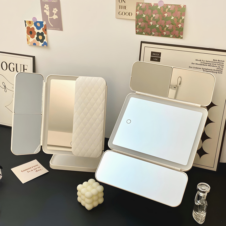 Adjustable LED make-up mirror with 3 light settings and magnification for precise cosmetic application.