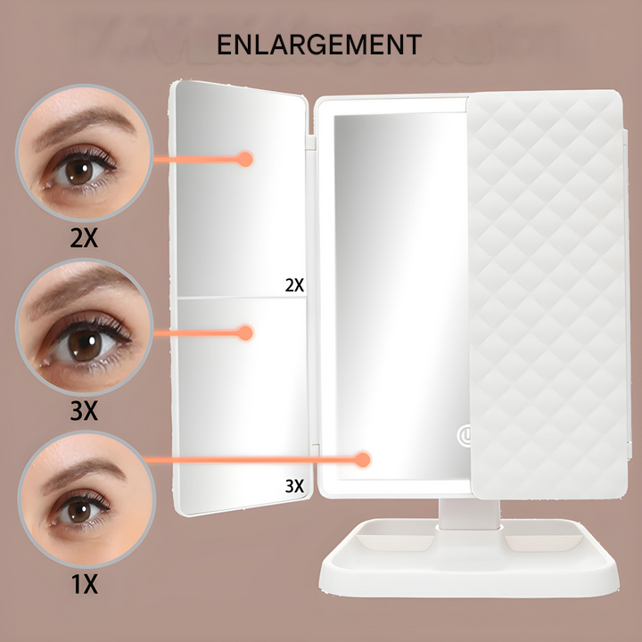 Modern LED make-up mirror with triple dimmable lights & magnifying section, ideal for detailed styling.