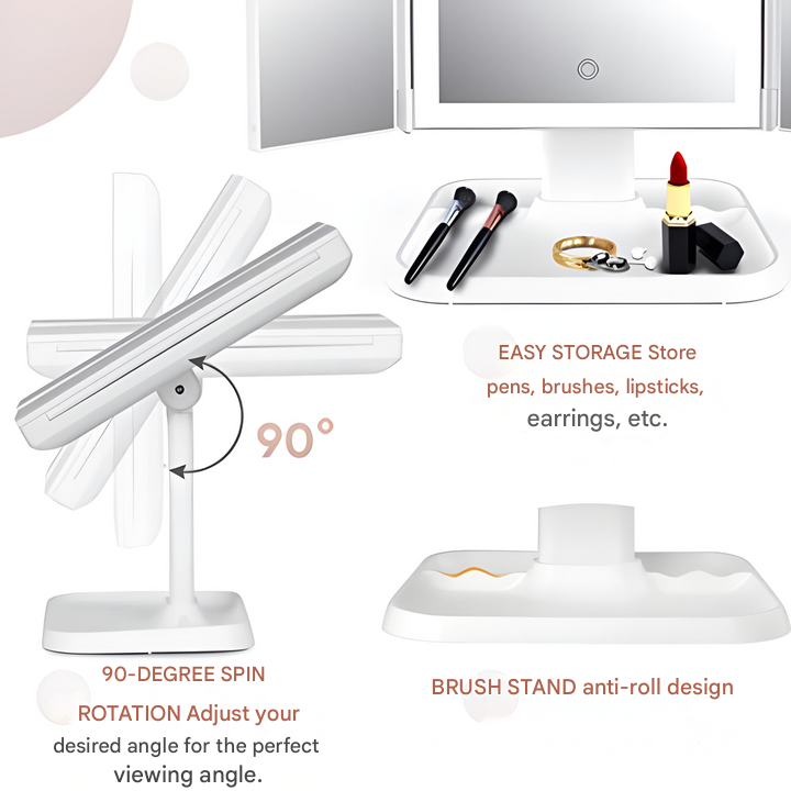 Rechargeable LED beauty mirror, offering triple lighting options and magnifying view for expert make-up.