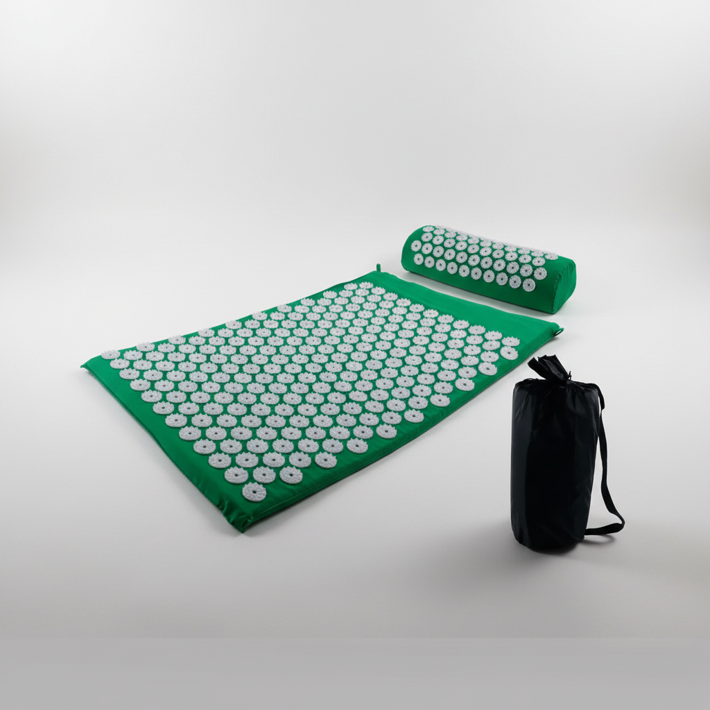 Therapeutic acupressure spike mat for back, neck, and shoulder pain relief, promoting deep relaxation.