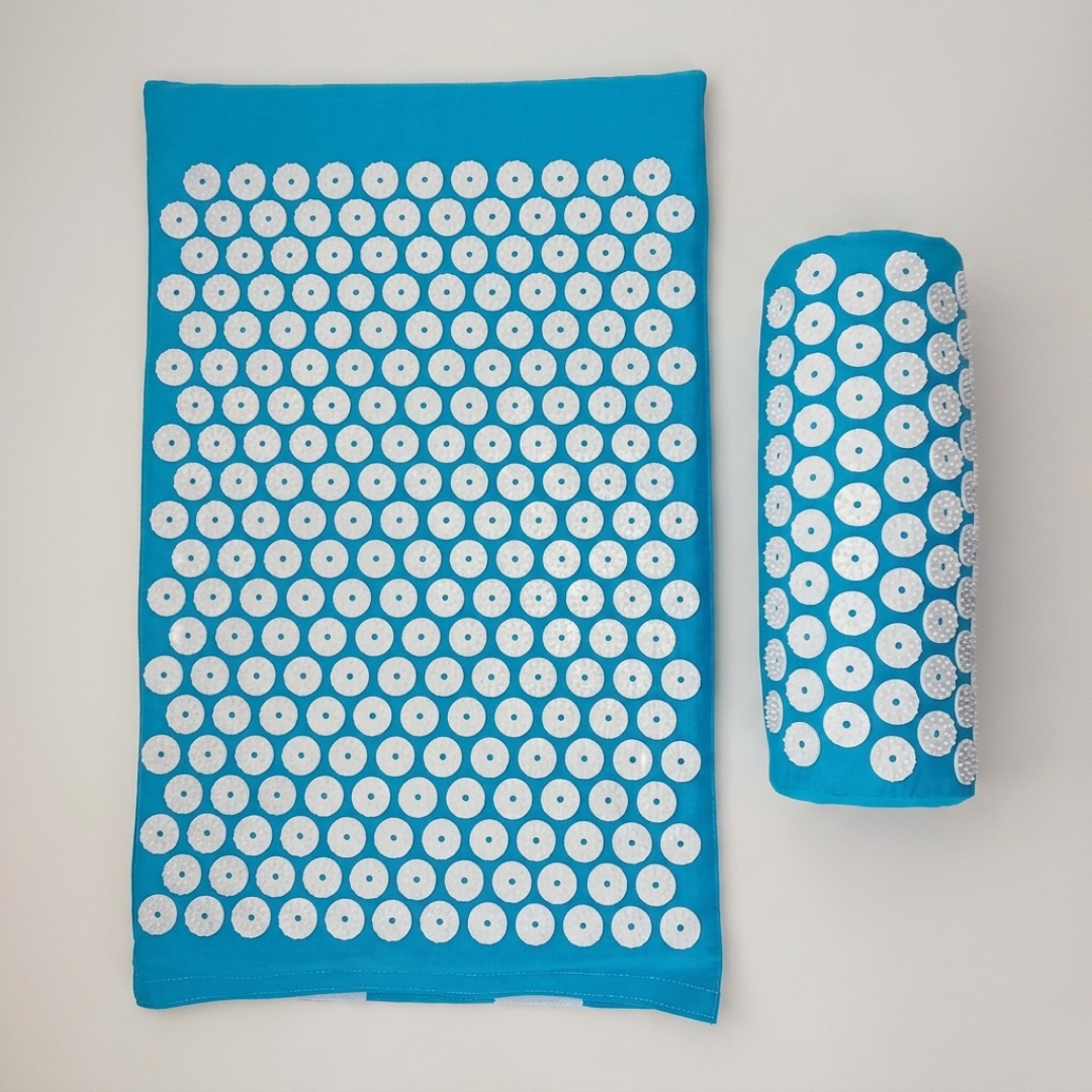 Complete acupressure mat and pillow set, a natural remedy for chronic pain, stiffness & wellness.