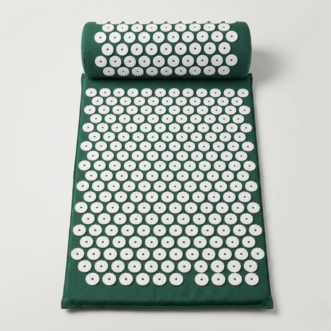 Spiked acupressure mat & pillow, promoting blood flow, muscle tension release & endorphin production.