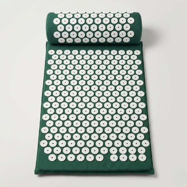 Spiked acupressure mat & pillow, promoting blood flow, muscle tension release & endorphin production.
