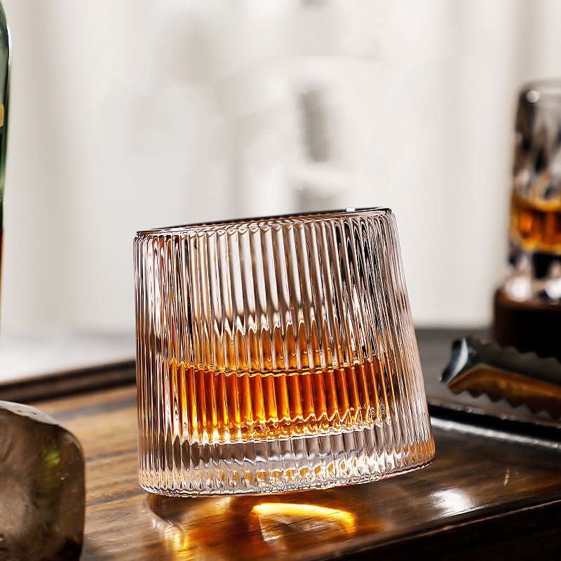 Set of spinning bourbon rocks glasses with Edo craft, ideal for a unique home bar.