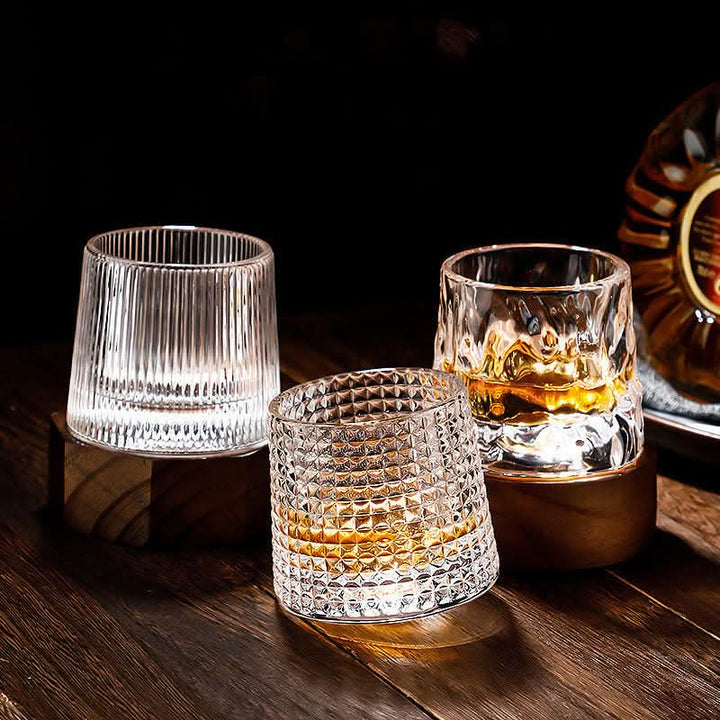 Unisex spinning whiskey glass set, perfect for bourbon & spirit lovers, luxury host gift.