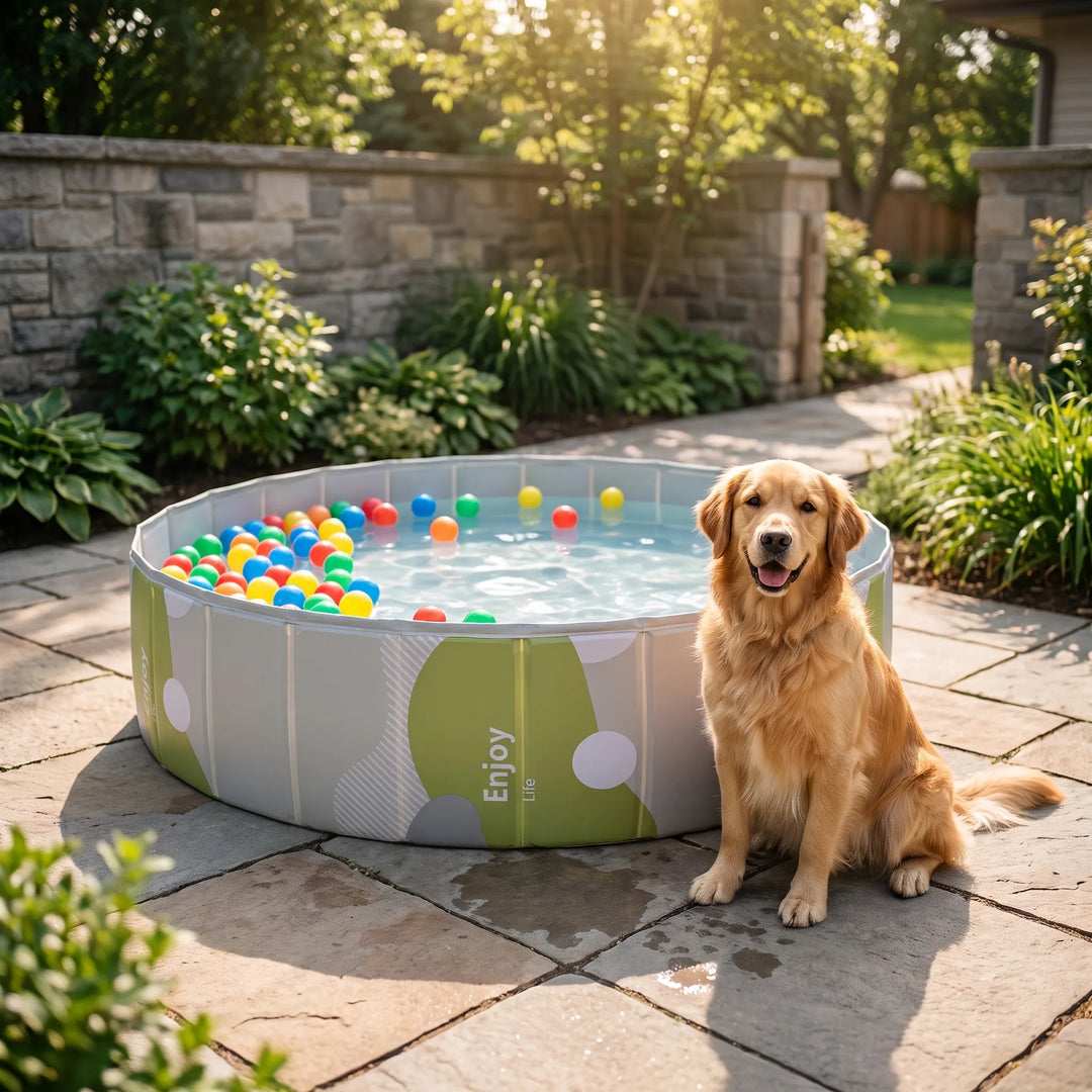 Non-inflatable pet pool, easy setup for dogs & kids. Collapsible paddling pool for backyard summer fun.