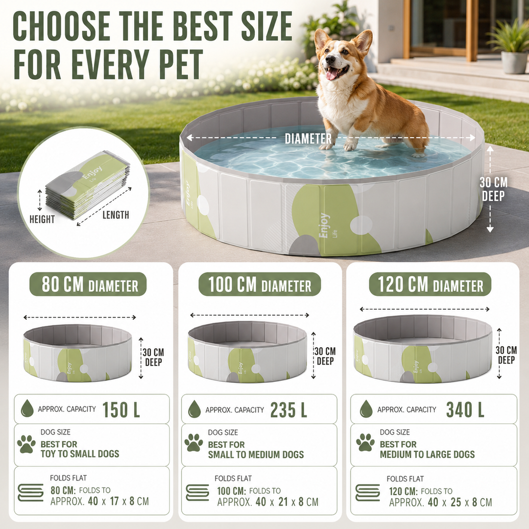 Durable PVC foldable pet pool for dogs & children. Sturdy outdoor paddling pool for summer water play.