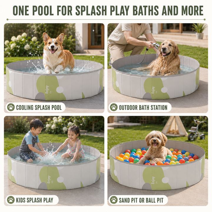 Large foldable pet pool for dogs, ideal for outdoor summer play & bathing. Non-inflatable kids paddling pool.