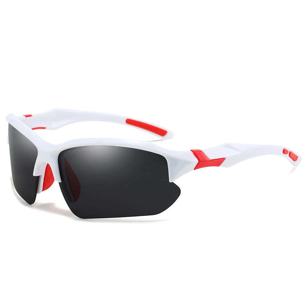Men's sport sunglasses with red accents, polarized lenses, and UV protection for running and cycling.