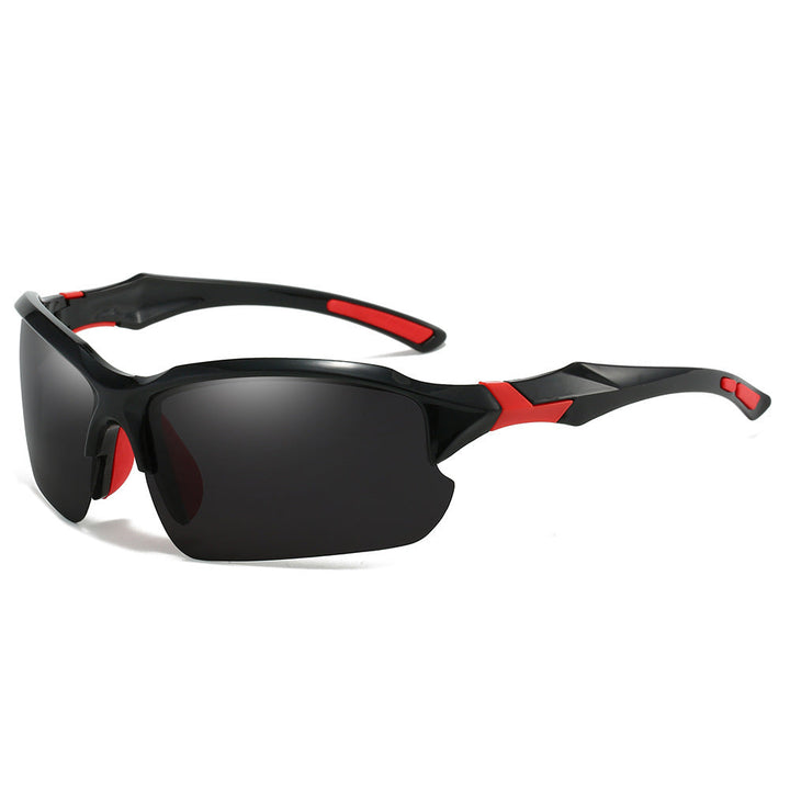 Stylish men's polarized sport sunglasses with bold red accents, offering 100% UV protection for athletes.