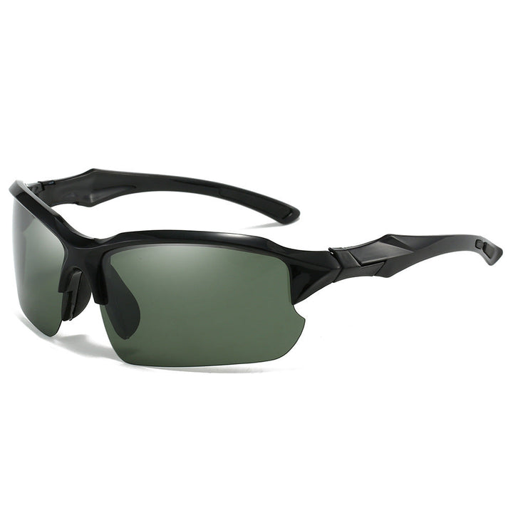 Polarized men's sport sunglasses with red temple accents, ensuring clear vision & UV protection for cycling.