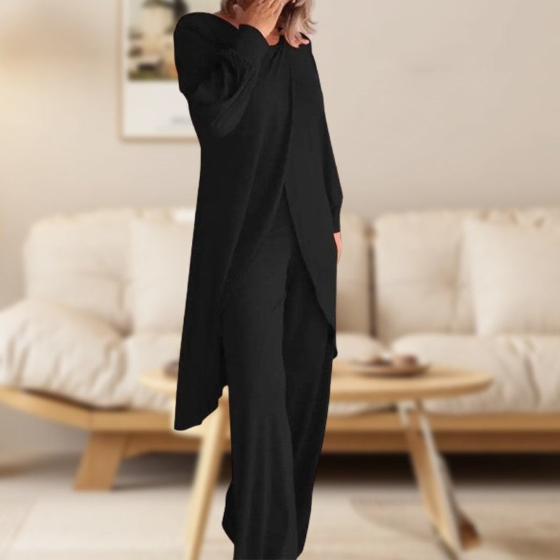 Women's Lounge Set: Long Sleeve Top & Wide-Leg Trousers