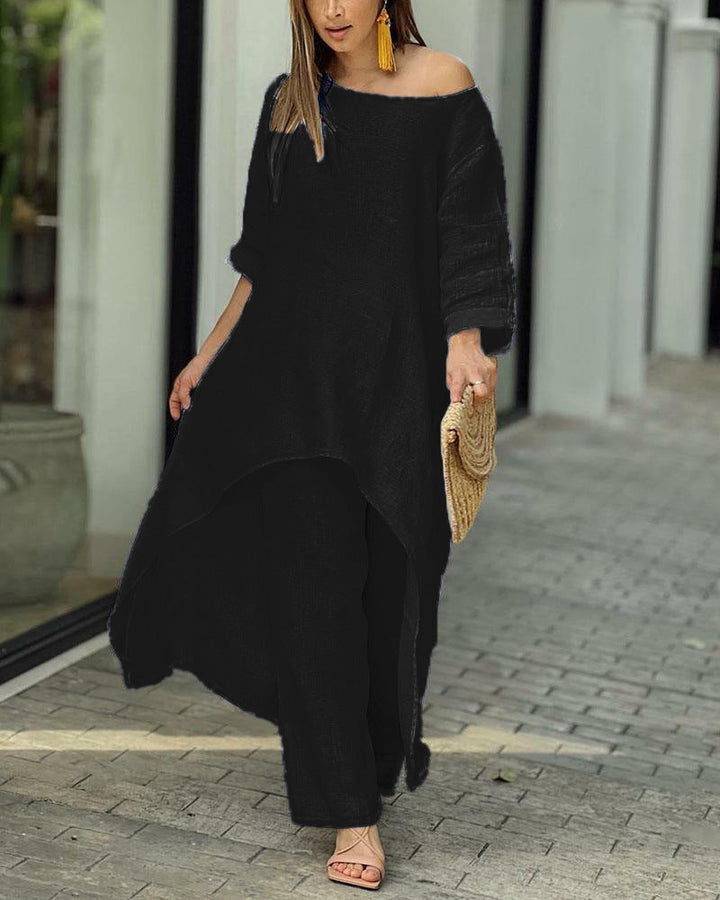 Women's Linen Set: Asymmetric Top & Wide-Leg Pants