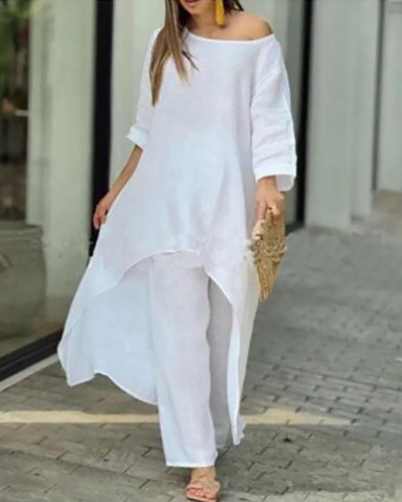 Women's Linen Set: Asymmetric Top & Wide-Leg Pants