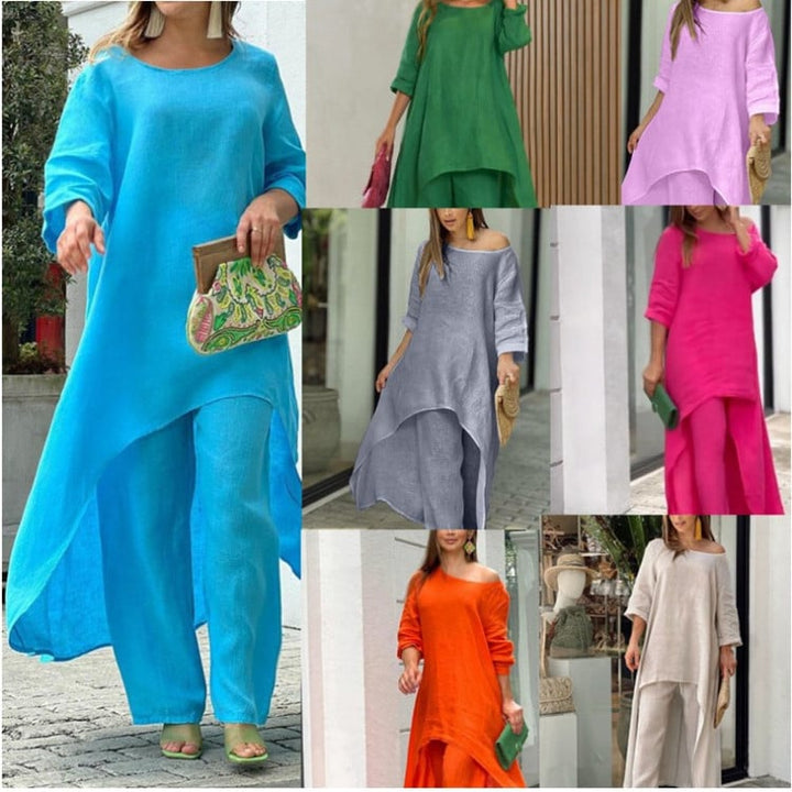 Women's Linen Set: Asymmetric Top & Wide-Leg Pants