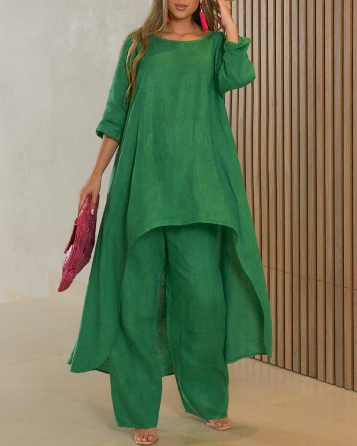Women's Linen Set: Asymmetric Top & Wide-Leg Pants