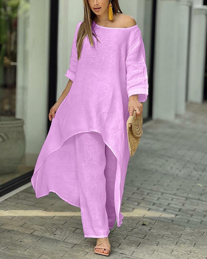 Women's Linen Set: Asymmetric Top & Wide-Leg Pants