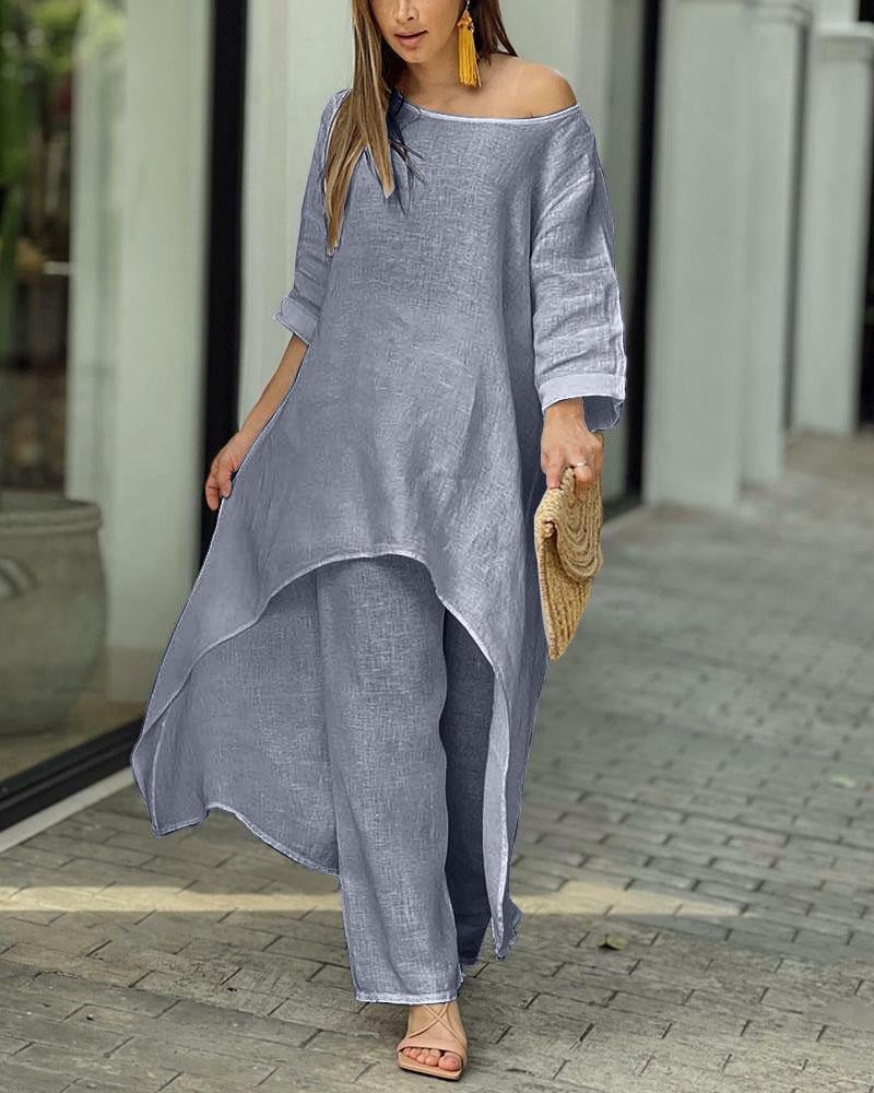 Women's Linen Set: Asymmetric Top & Wide-Leg Pants