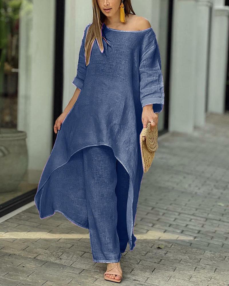Women's Linen Set: Asymmetric Top & Wide-Leg Pants
