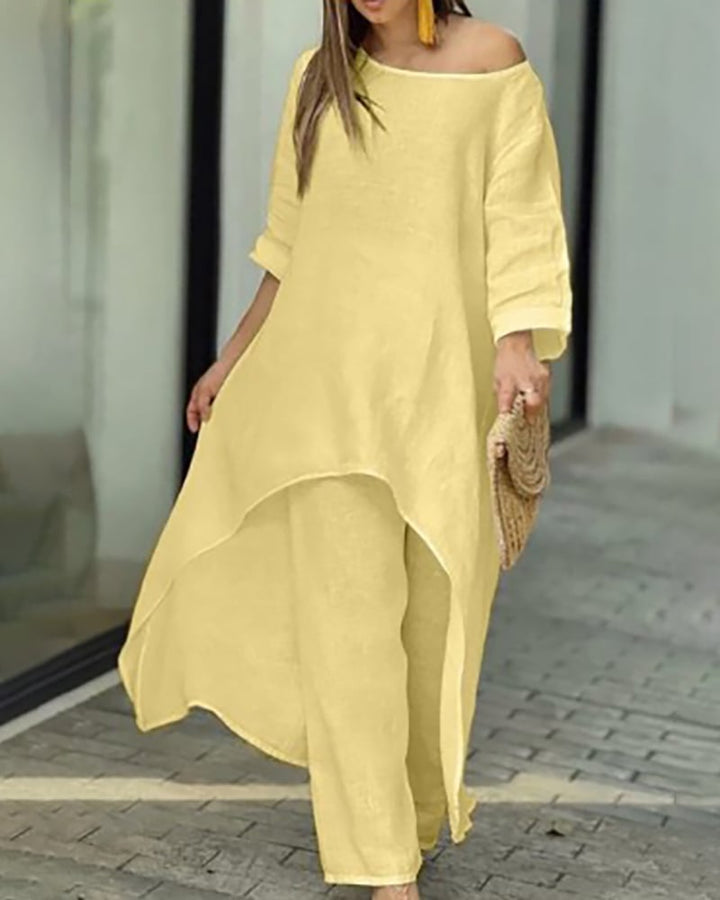 Women's Linen Set: Asymmetric Top & Wide-Leg Pants
