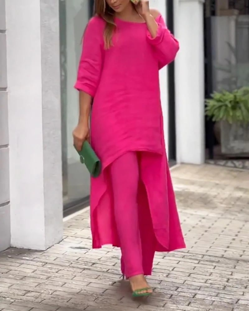 Women's Linen Set: Asymmetric Top & Wide-Leg Pants