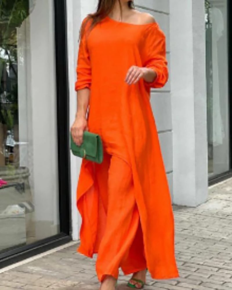 Women's Linen Set: Asymmetric Top & Wide-Leg Pants