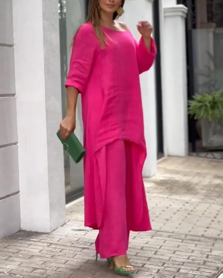 Women's Linen Set: Asymmetric Top & Wide-Leg Pants