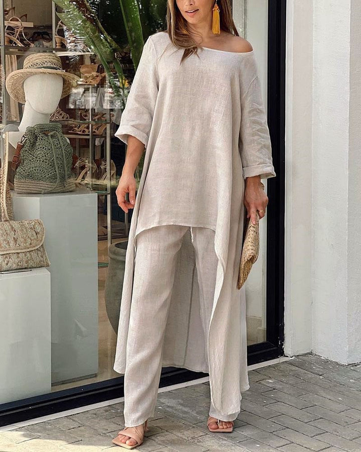 Women's Linen Set: Asymmetric Top & Wide-Leg Pants