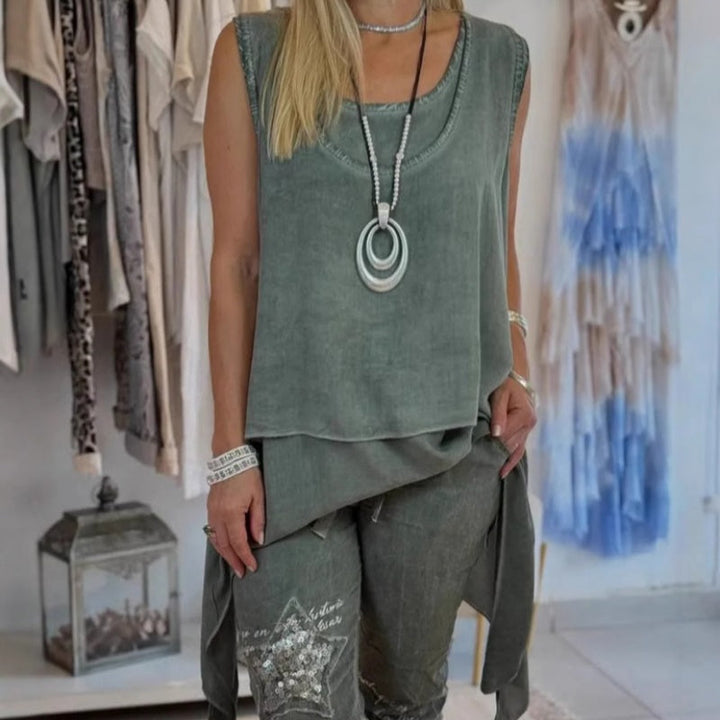 Women's Two-Piece Set: Asymmetric Top & Printed Trousers