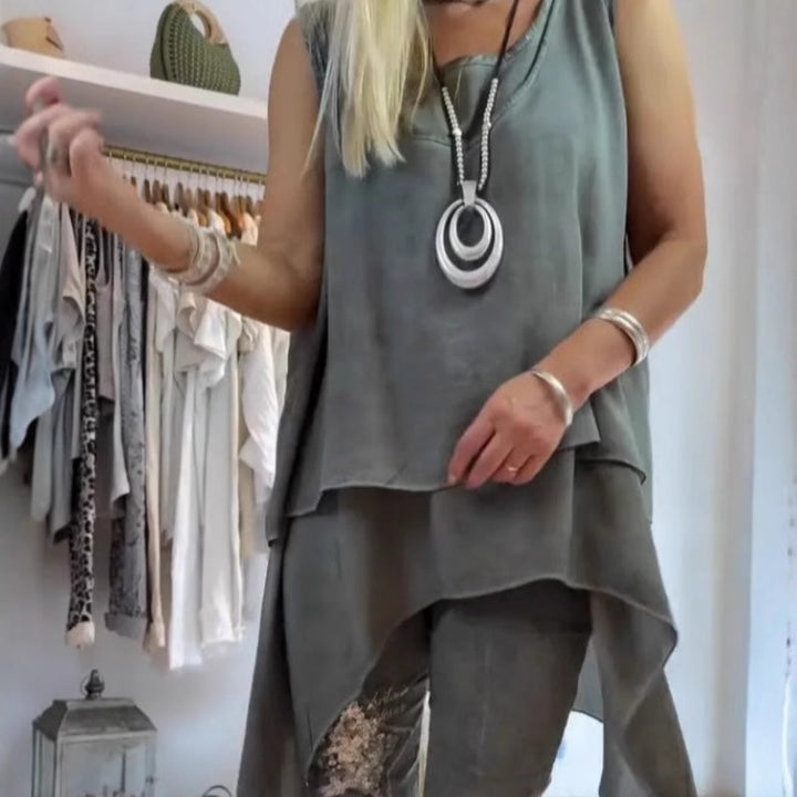 Women's Two-Piece Set: Asymmetric Top & Printed Trousers