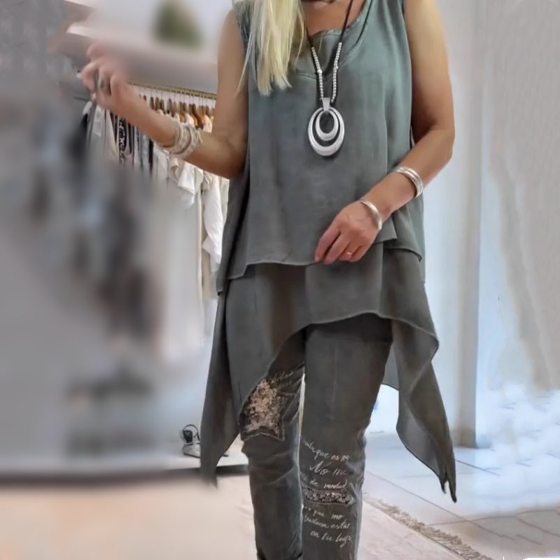 Women's Two-Piece Set: Asymmetric Top & Printed Trousers