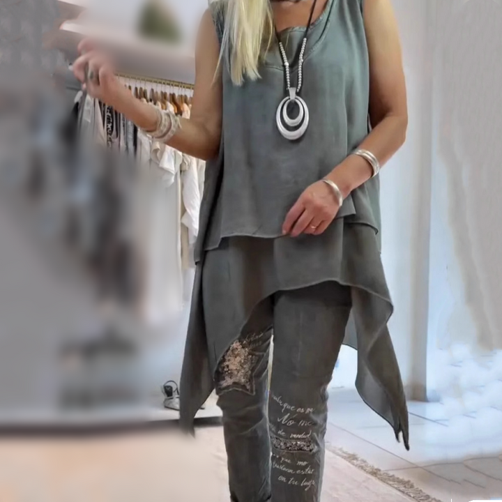 Women's Two-Piece Set: Asymmetric Top & Printed Trousers