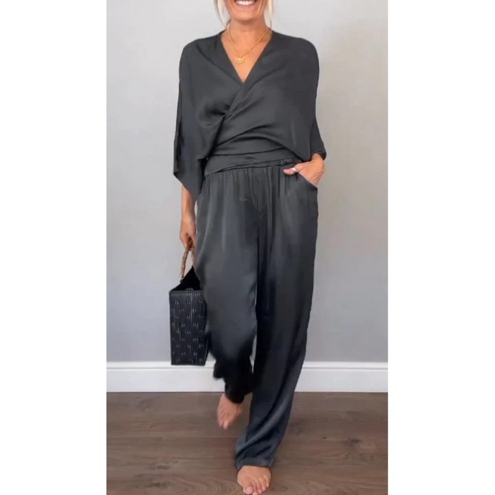 Women's Satin Wrap Top & Trouser Set