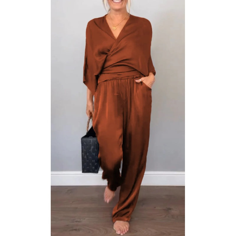 Women's Satin Wrap Top & Trouser Set