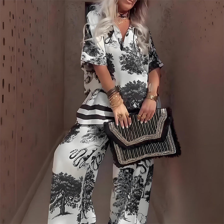 Women's matching printed v-neck top & long pants set. Versatile two-piece outfit for stylish spring/summer wear.