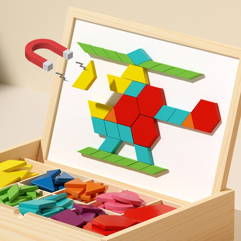 Educational STEM toy: kids' wooden magnetic pattern blocks puzzle for geometry, creativity & fine motor skills.
