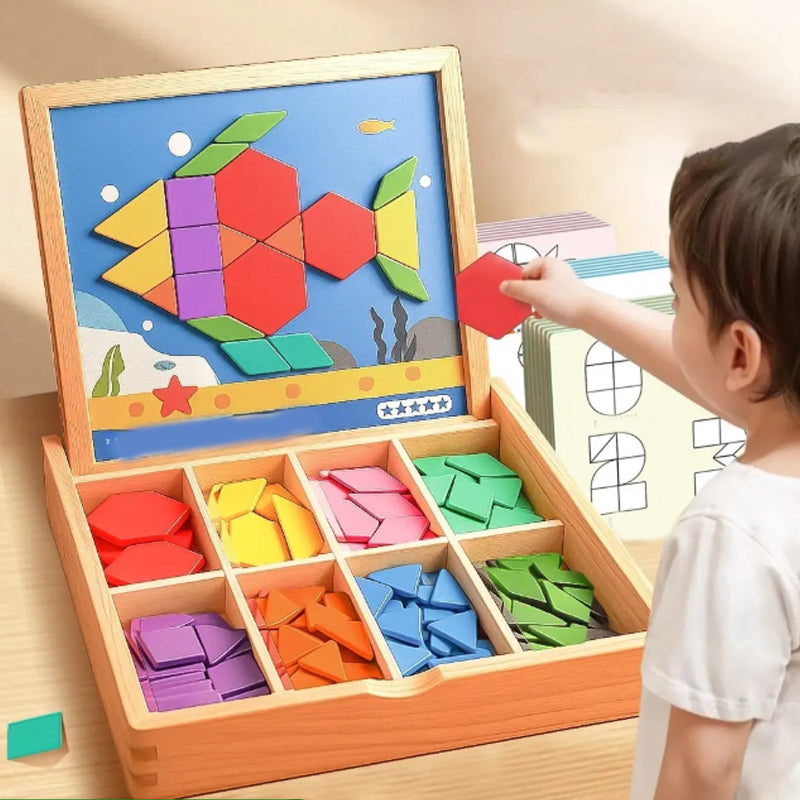 Kids' wooden magnetic pattern blocks puzzle for STEM learning, featuring colorful geometric shapes.