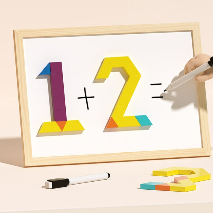Magnetic wooden pattern blocks puzzle, perfect STEM toy for kids to learn geometric shapes & spatial reasoning.